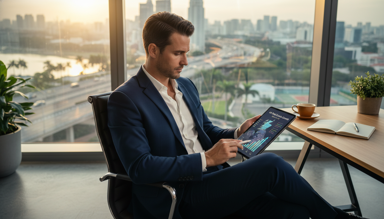 A professional expat sitting in a modern high-rise office in Singapore or Dubai, looking at a digital tablet displaying a map of the UK with real estate growth statistics, blurred city skyline in the background.