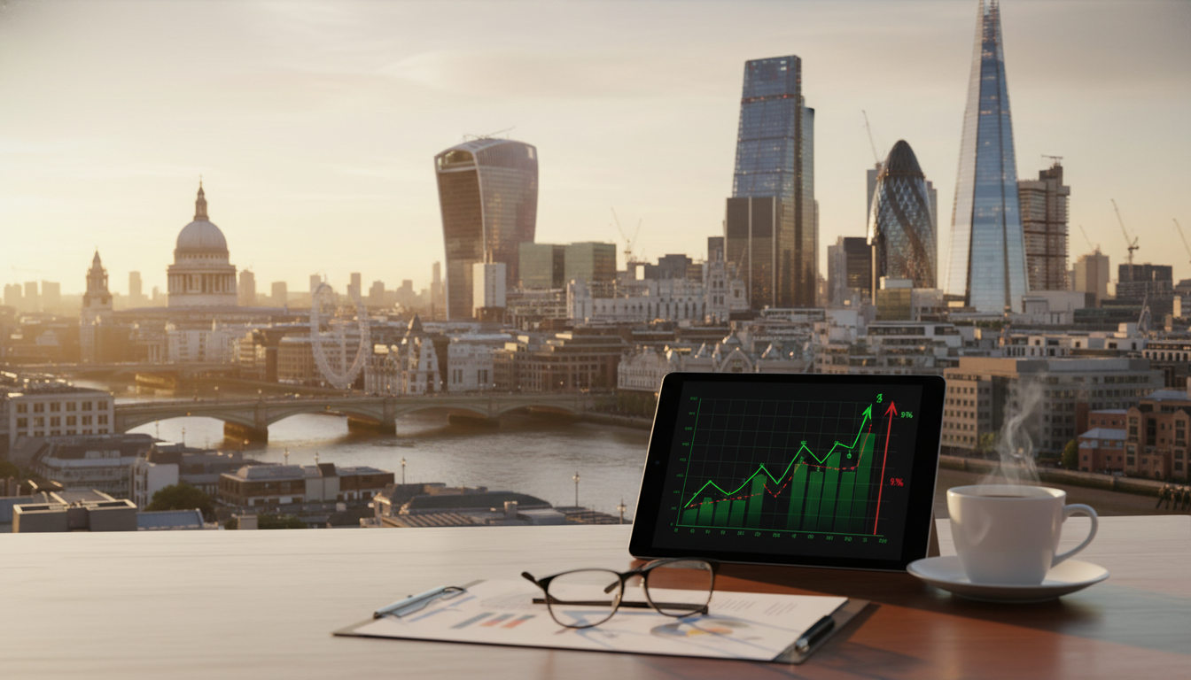 A wide-angle shot of the London skyline featuring the Gherkin and Shard, with a foreground of a professional desk holding a tablet showing financial growth charts and a cup of coffee, golden hour lighting.