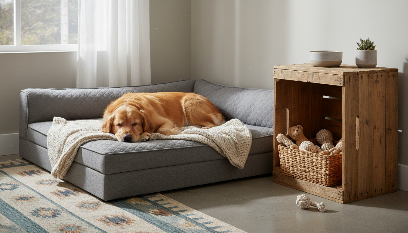 A cozy and aesthetically pleasing indoor dog sanctuary featuring a plush grey orthopedic bed, a wooden crate-style end table, a basket of organized hemp toys, and a large window providing soft natural light, with a non-slip decorative rug on the floor.
