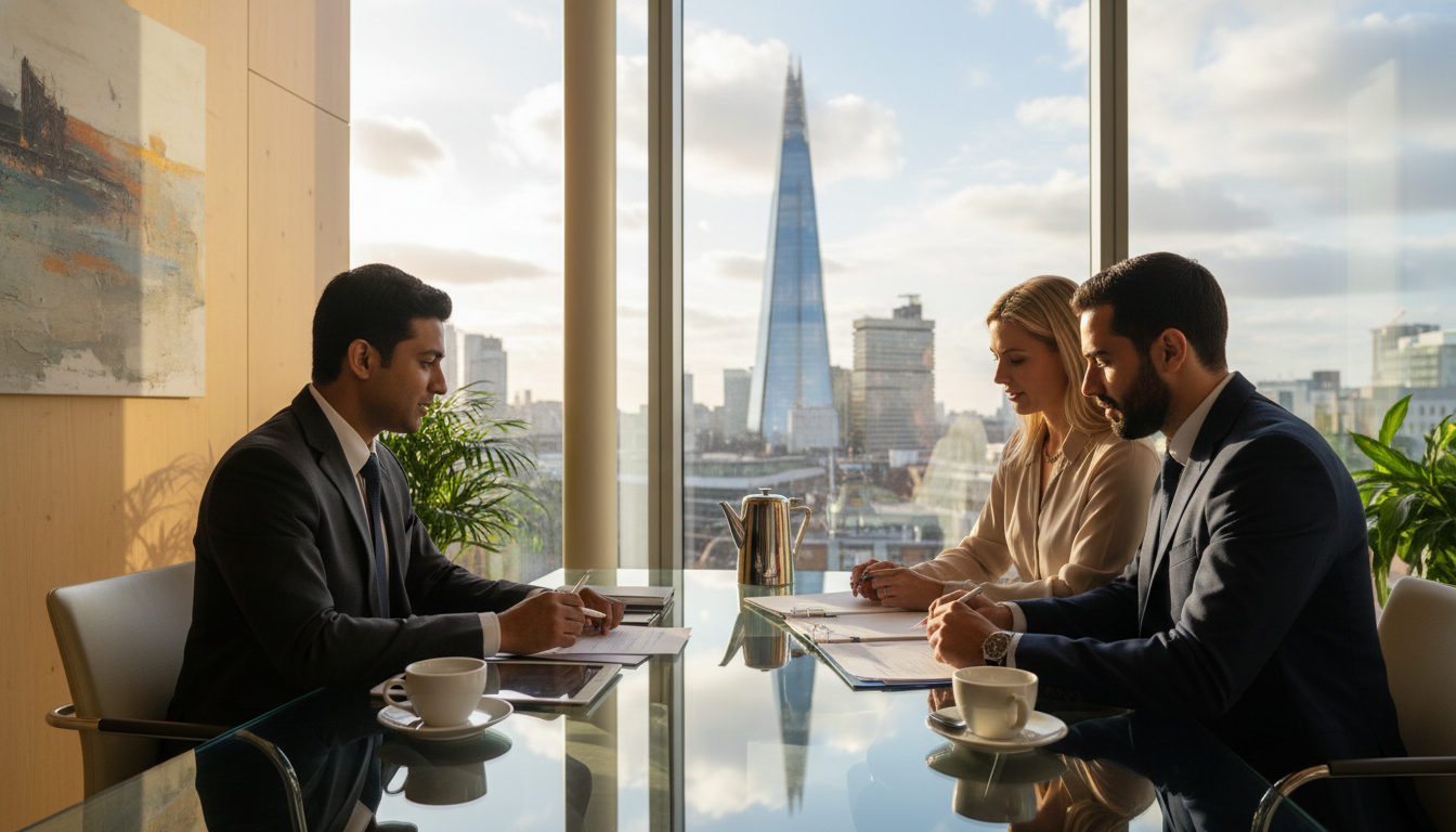 A professional modern office in London with a view of the Shard in the background, featuring a diverse pair of professional lawyers and an expat couple discussing documents over coffee at a glass table, warm and inviting atmosphere, high-quality photography.