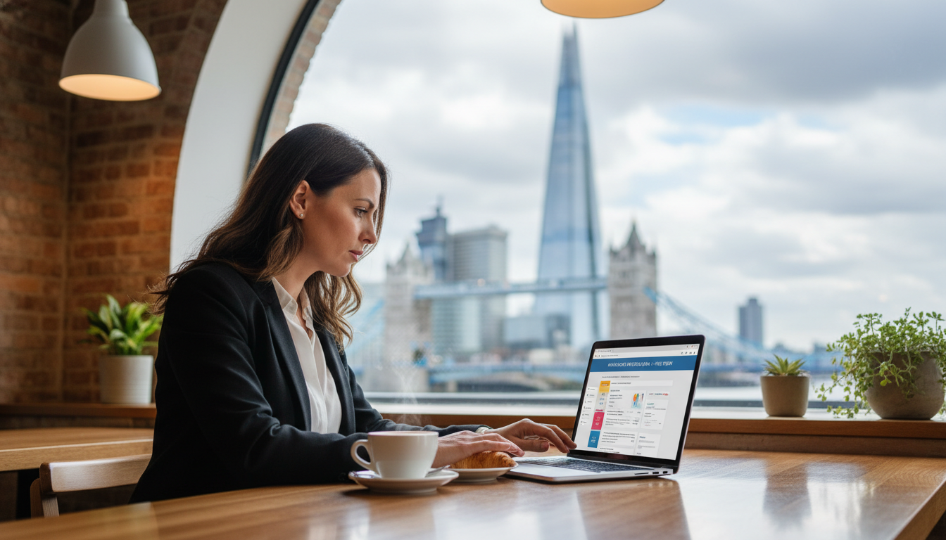 A professional expat sitting in a modern London cafe, reviewing a digital health insurance document on a laptop with the Shard or Tower Bridge visible in the background, high quality, realistic style.
