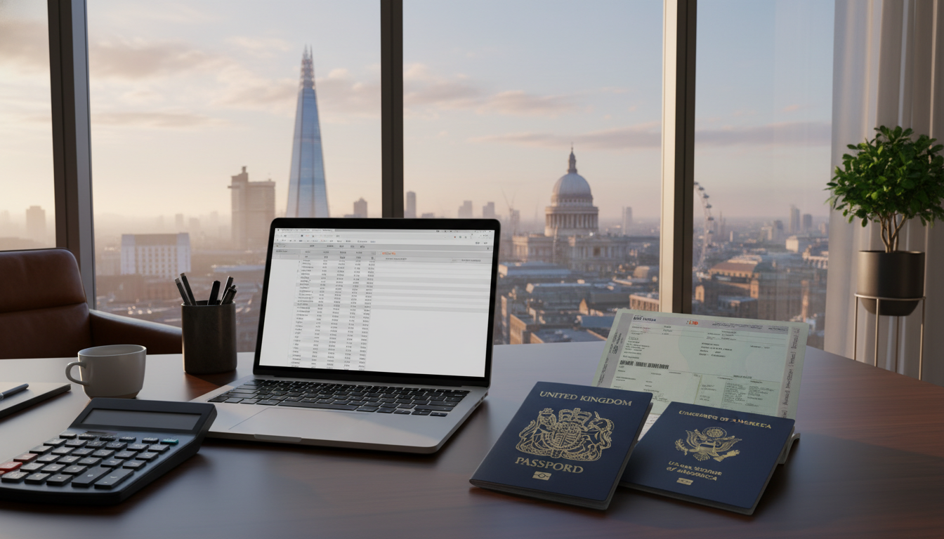 A professional desk setting with a laptop, a calculator, a British passport, and a US passport, with a view of the London skyline through the window, high resolution, soft morning light