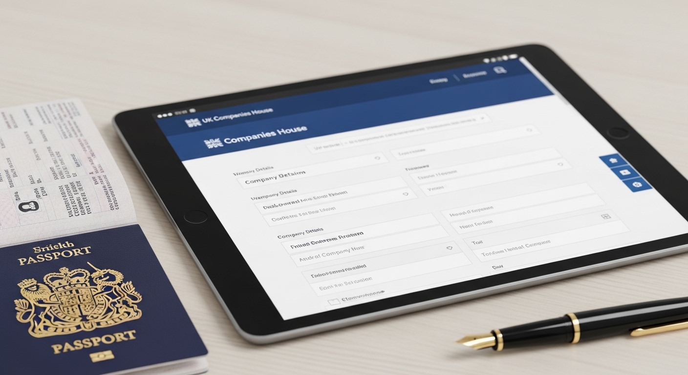 A close-up of a tablet displaying the UK Companies House registration website on a clean wooden desk, with a British passport and a fountain pen nearby, professional office aesthetic.