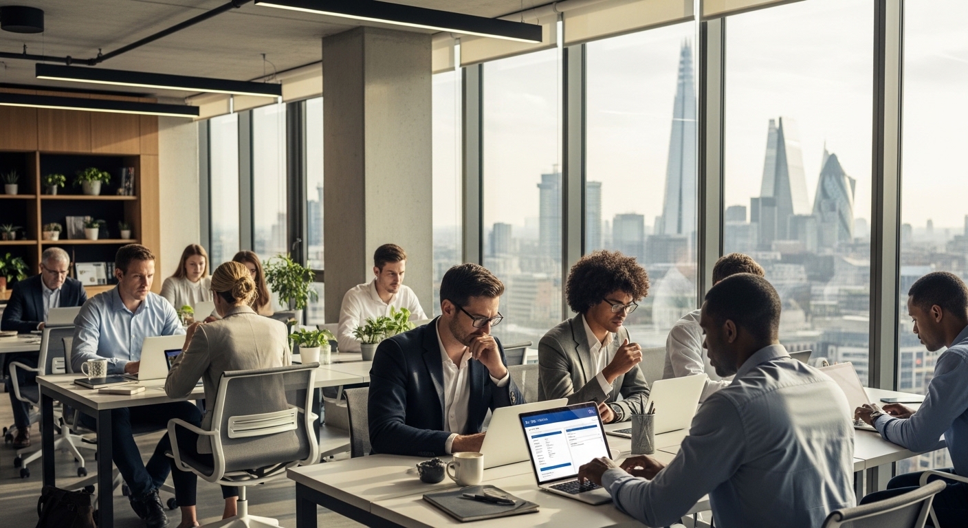A diverse group of professional expatriates in a bright, modern London co-working space, focused on their laptops with a digital banking interface visible on a tablet, large windows showing the city skyline in the background.