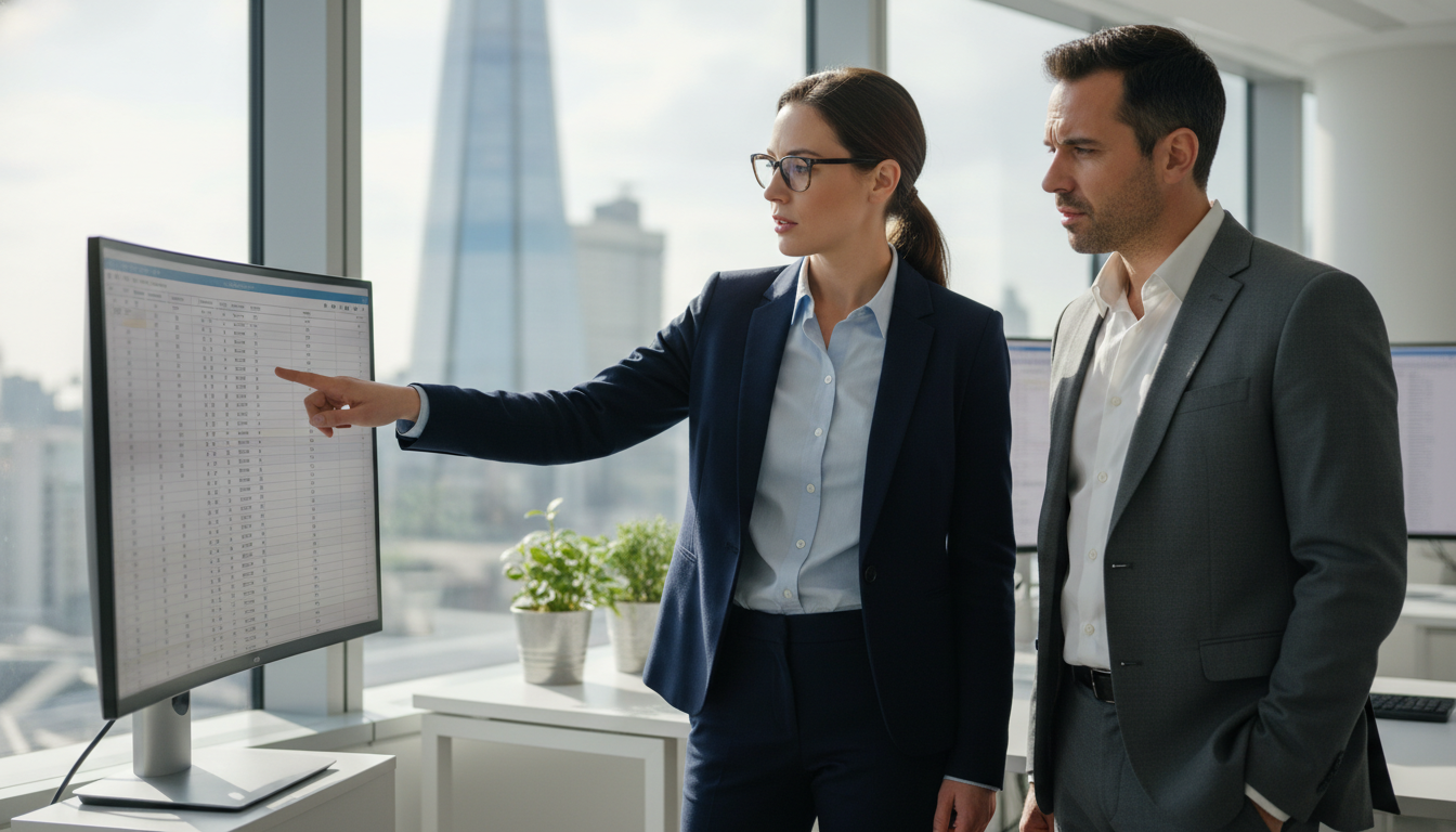 A professional female accountant in a modern London office, wearing glasses and a smart-casual blazer, pointing at a financial spreadsheet on a large computer screen while an expat client listens intently, with the Shard building visible through the window in a blurred background.