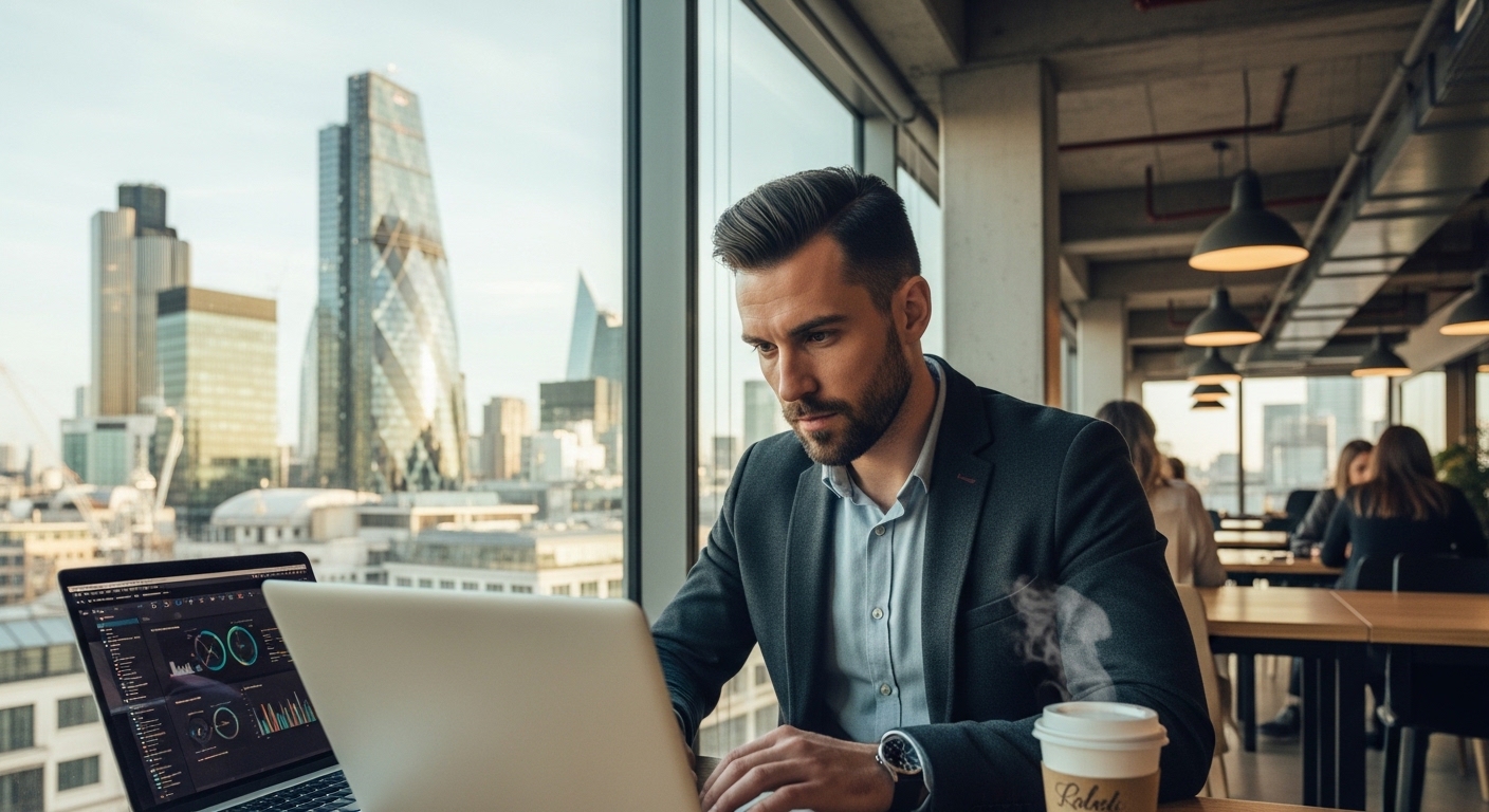 A professional expat entrepreneur sitting in a bright, modern London co-working space with floor-to-ceiling windows showing the Gherkin and city skyline in the background, working on a sleek laptop with a cup of coffee nearby, photorealistic style, 8k resolution