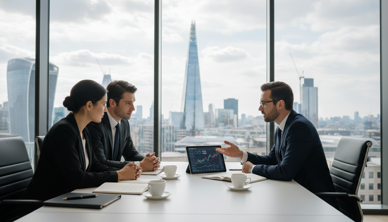 A high-quality wide shot of a professional financial advisor in a modern London glass office, explaining a complex digital chart on a tablet to a professional couple, with the iconic London skyline visible through the window behind them.