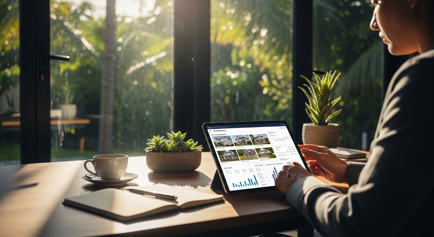 A high-quality, photorealistic image of a professional person sitting in a sunny home office in a tropical location, looking at a digital tablet displaying UK property listings and mortgage charts, cinematic lighting, depth of field.