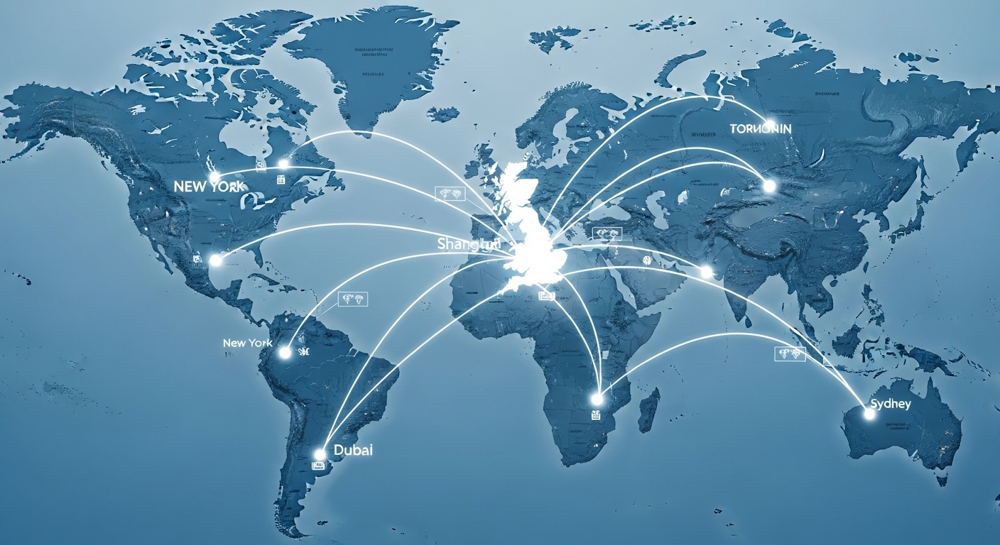 A professional and clean digital illustration showing a world map with glowing lines connecting various global cities to a central United Kingdom icon, symbolizing global business connectivity and company formation, 4k resolution, corporate blue and white aesthetic.
