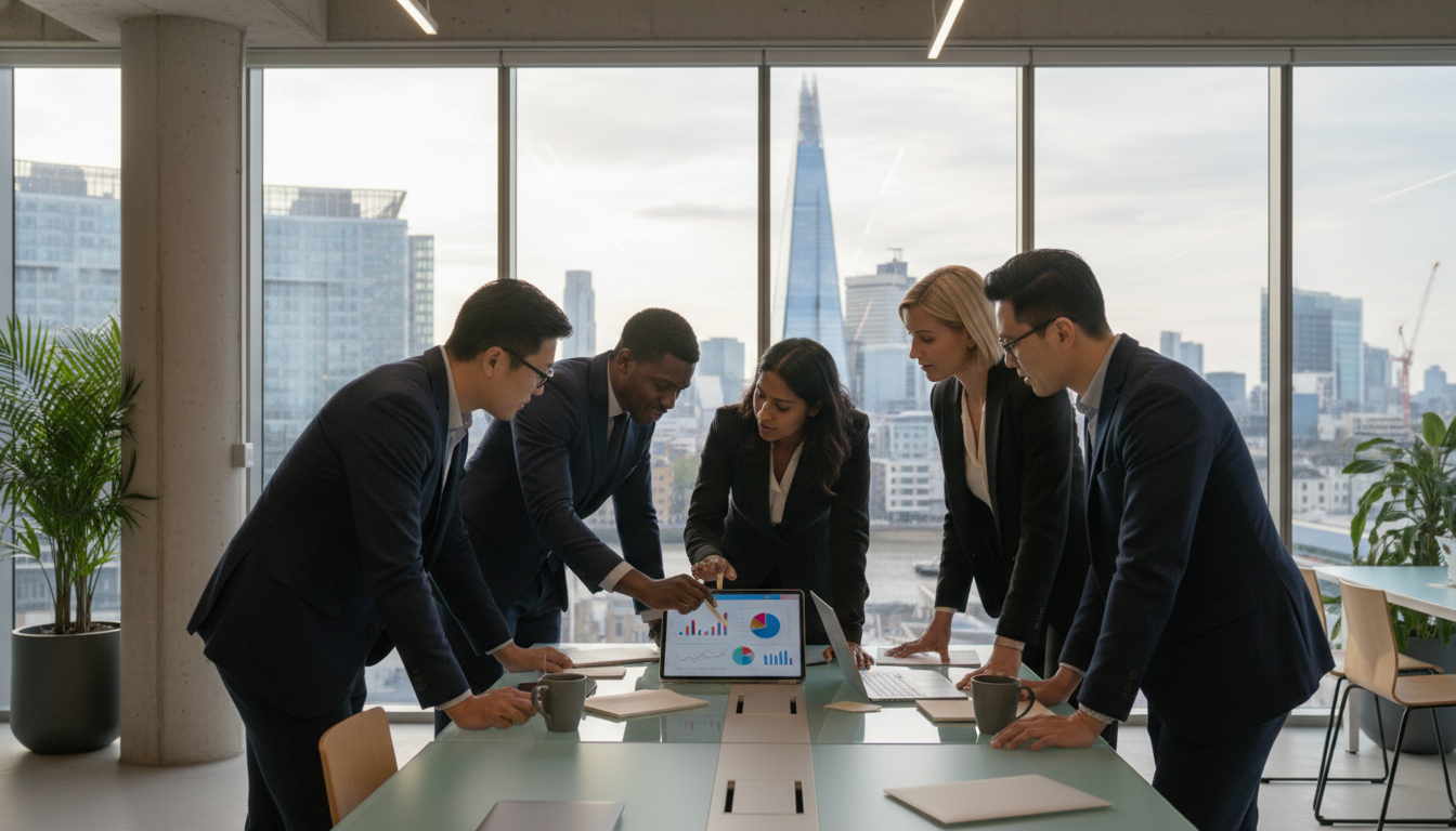 A diverse group of professional entrepreneurs in a bright, modern London co-working office, discussing financial strategies over a digital tablet, with a view of the Shard skyscraper visible through a large glass window.